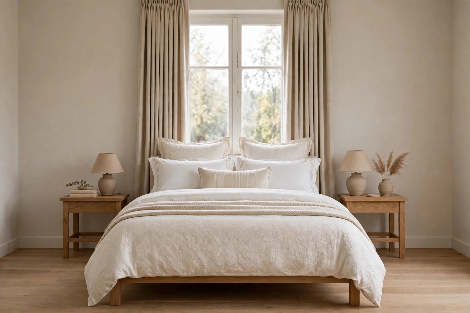 Same bedroom with elegant curtains and crisp new mattress