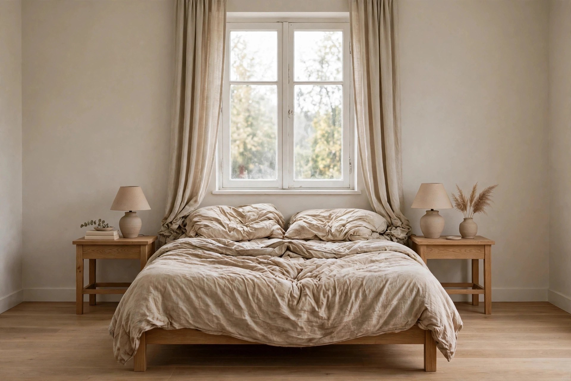 Bedroom with faded curtains and old lumpy mattress